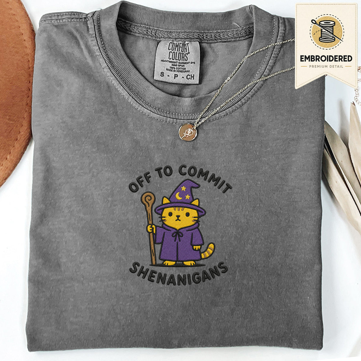 Pepper gray embroidered funny cat t shirt with Commit Shenanigans cat design