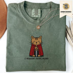 Moss green embroidered funny cat t shirt with Require Treats text and orange cat design