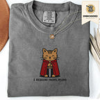 Pepper gray embroidered funny cat t shirt with Require Treats cat design