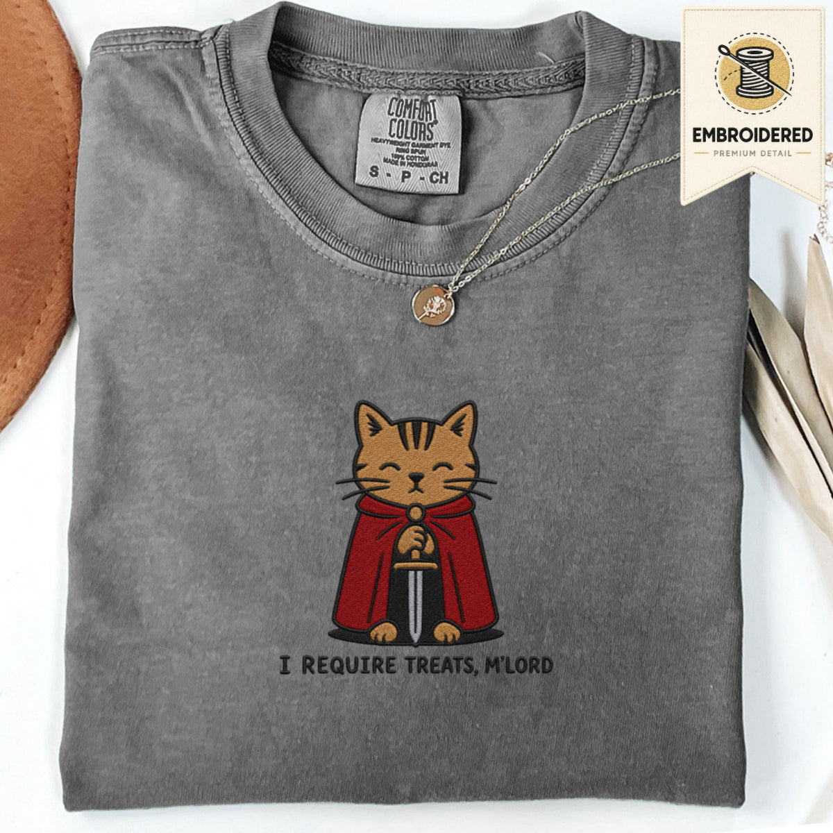 Pepper gray embroidered funny cat t shirt with Require Treats cat design