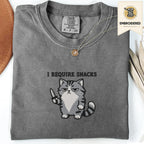 Pepper gray embroidered funny cat t shirt with Require Snacks cat design