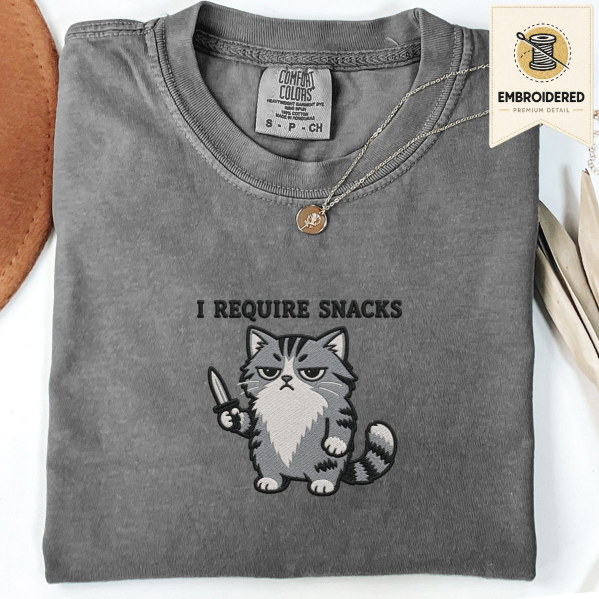 Pepper gray embroidered funny cat t shirt with Require Snacks cat design