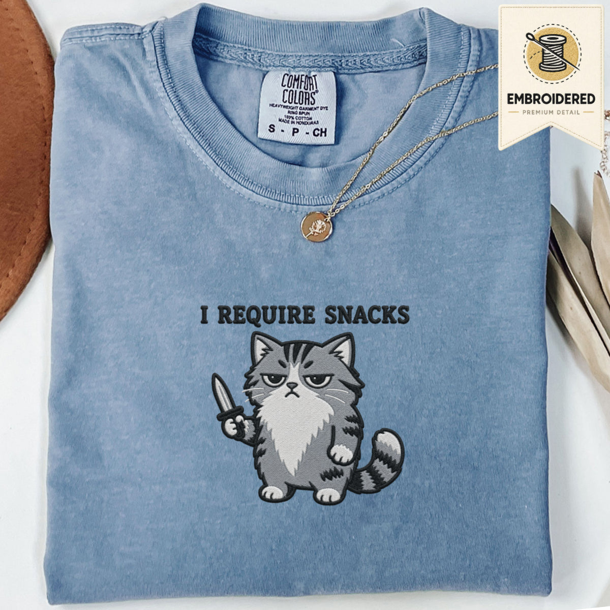 Blue jean embroidered funny cat t shirt with Require Snacks cat design
