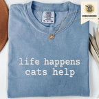 Blue jean embroidered funny cat t shirt with Life Happens Cats Help text