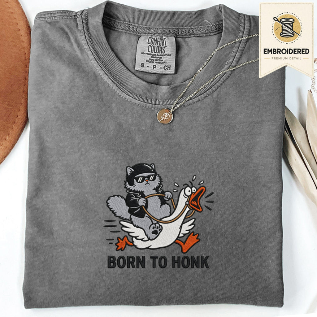 Pepper gray embroidered funny cat t shirt with Born To Honk cat graphic