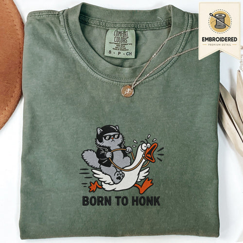 Moss green embroidered funny cat t shirt with Born To Honk cat design