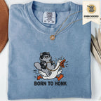 Blue jean embroidered funny cat t shirt with Born To Honk text and honking cat design
