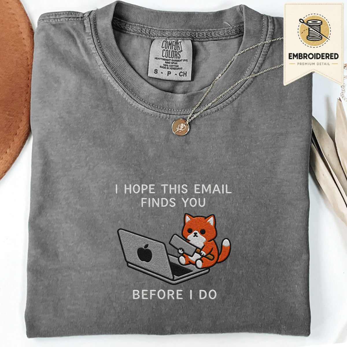 Pepper gray embroidered funny cat t shirt with Before I Do cat graphic
