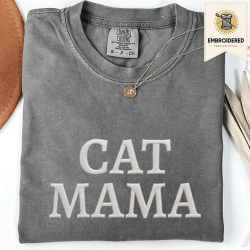 Pepper gray embroidered cat mama t shirt with large Cat Mama text