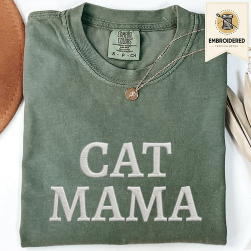 Moss green embroidered cat mama t shirt with Cat Mama text