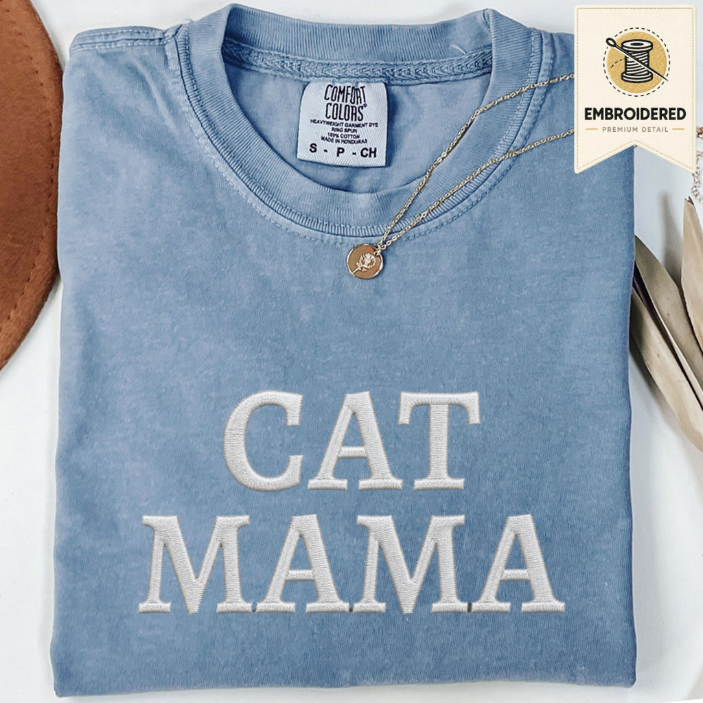 Blue jean embroidered cat mama t shirt with Cat Mama text