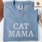 Blue jean embroidered cat mama t shirt with Cat Mama text