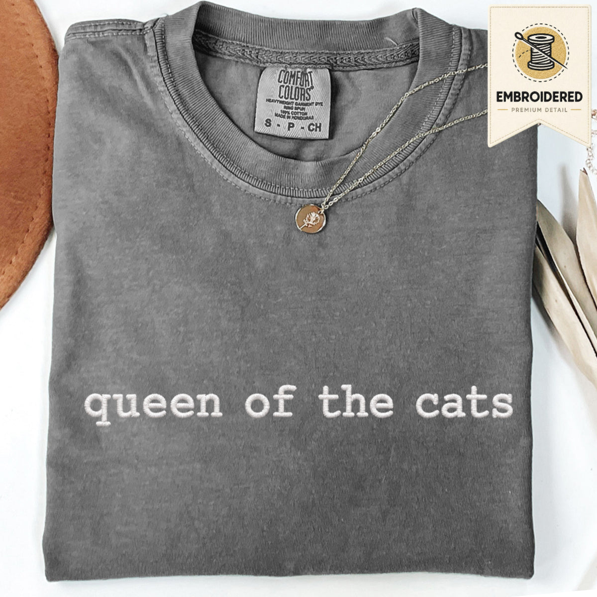 Pepper gray embroidered cat t shirt with queen of the cats text