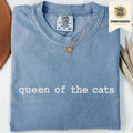 Blue jean embroidered cat t shirt with queen of the cats text