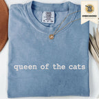 Blue jean embroidered cat t shirt with queen of the cats text