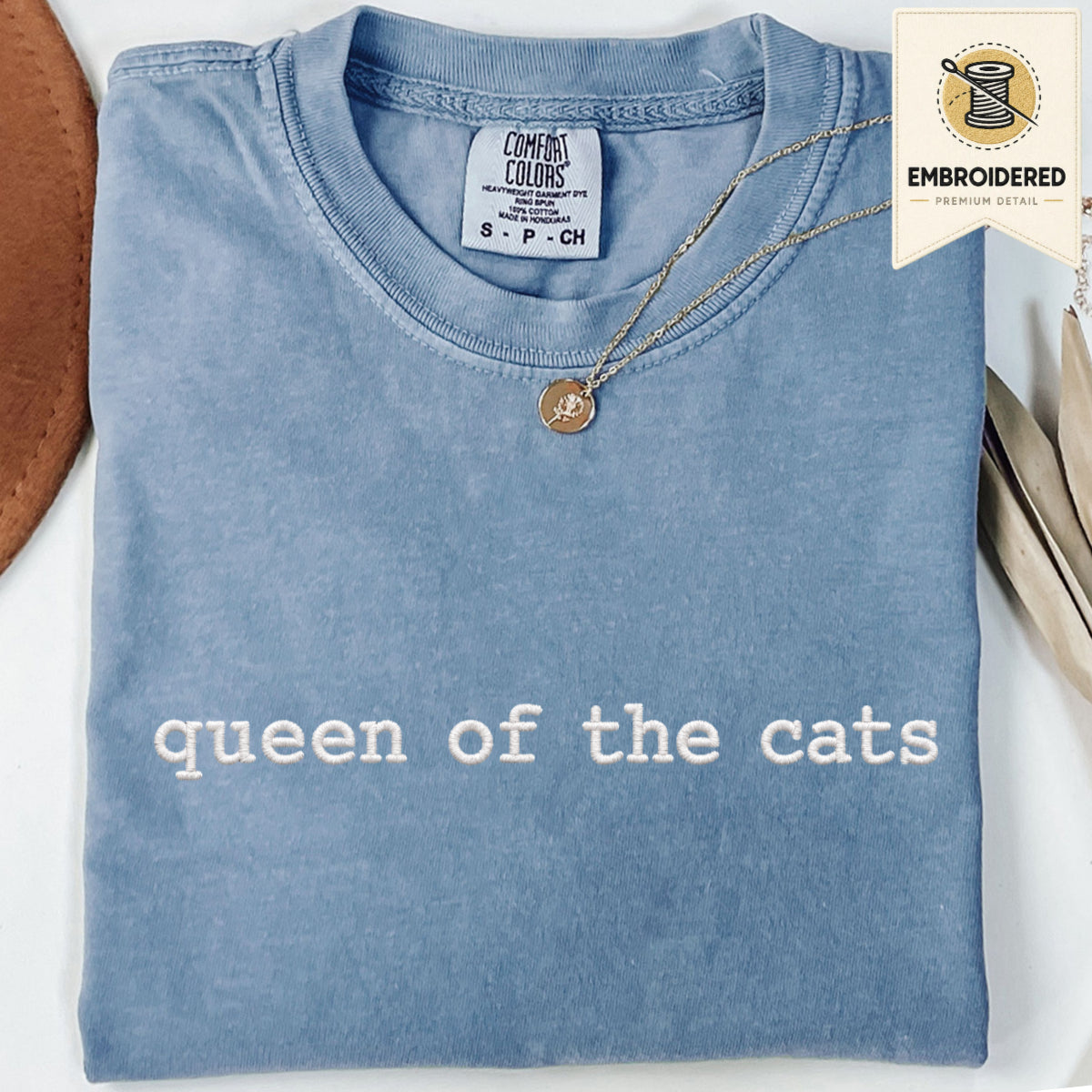 Blue jean embroidered cat t shirt with queen of the cats text
