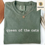 Moss green embroidered cat t shirt with queen of the cats text