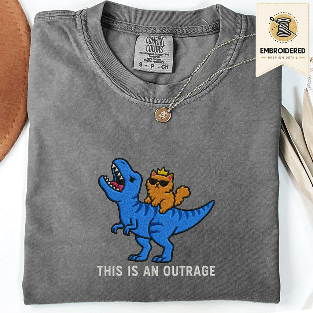 Pepper gray embroidered funny cat t shirt with This Is An Outrage cat graphic