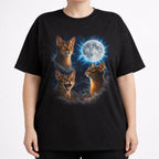Front view of black cat t shirt on a model with detailed Abyssinian cat and moon graphic
