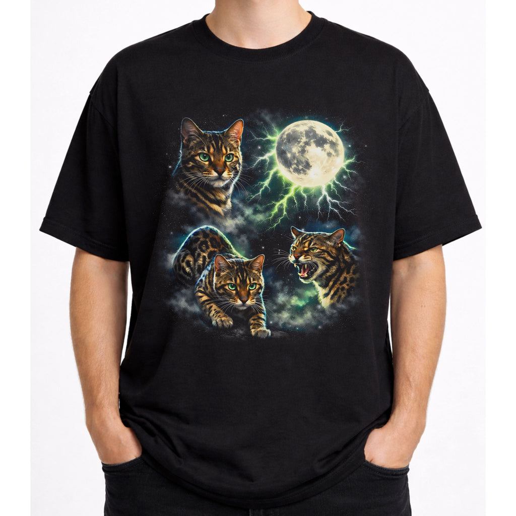 Model wearing a black graphic cat tee with moonlit Bengal cat design and full moon artwork