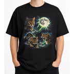 Model wearing a black graphic cat tee with moonlit Bengal cat design and full moon artwork