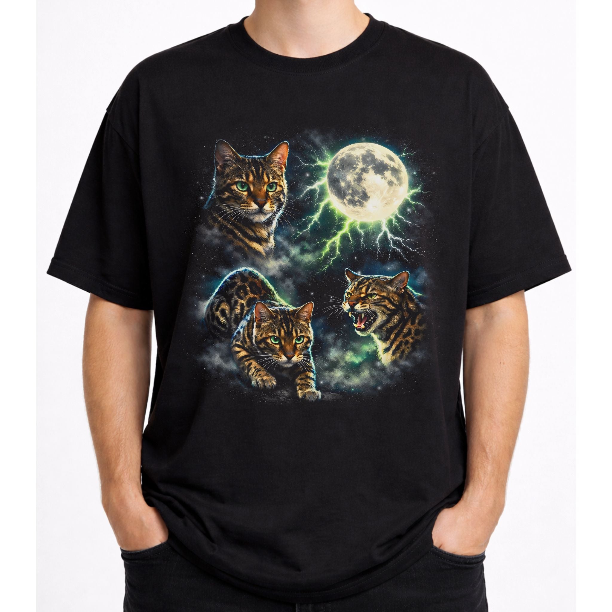 Model wearing a black graphic cat tee with moonlit Bengal cat design and full moon artwork