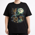 Front view of black cat t shirt on a model with detailed Bengal cat and moon graphic