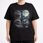 Model wearing a black graphic cat tee with moonlit British Shorthair cat design and full moon artwork