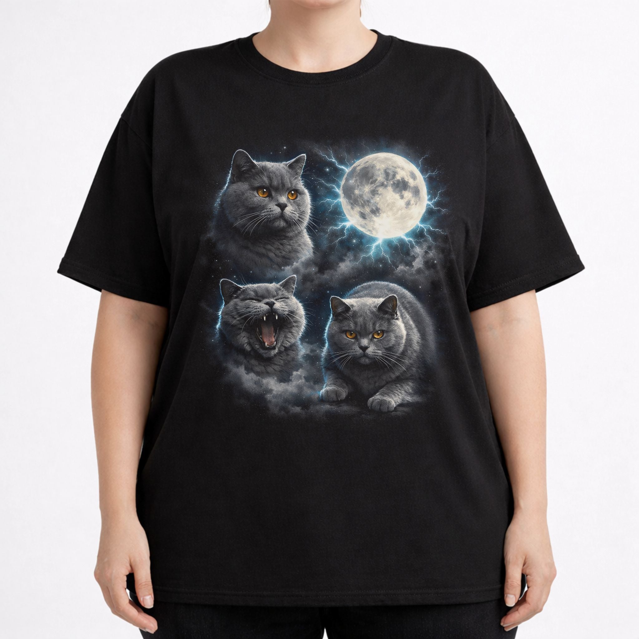 Model wearing a black graphic cat tee with moonlit British Shorthair cat design and full moon artwork