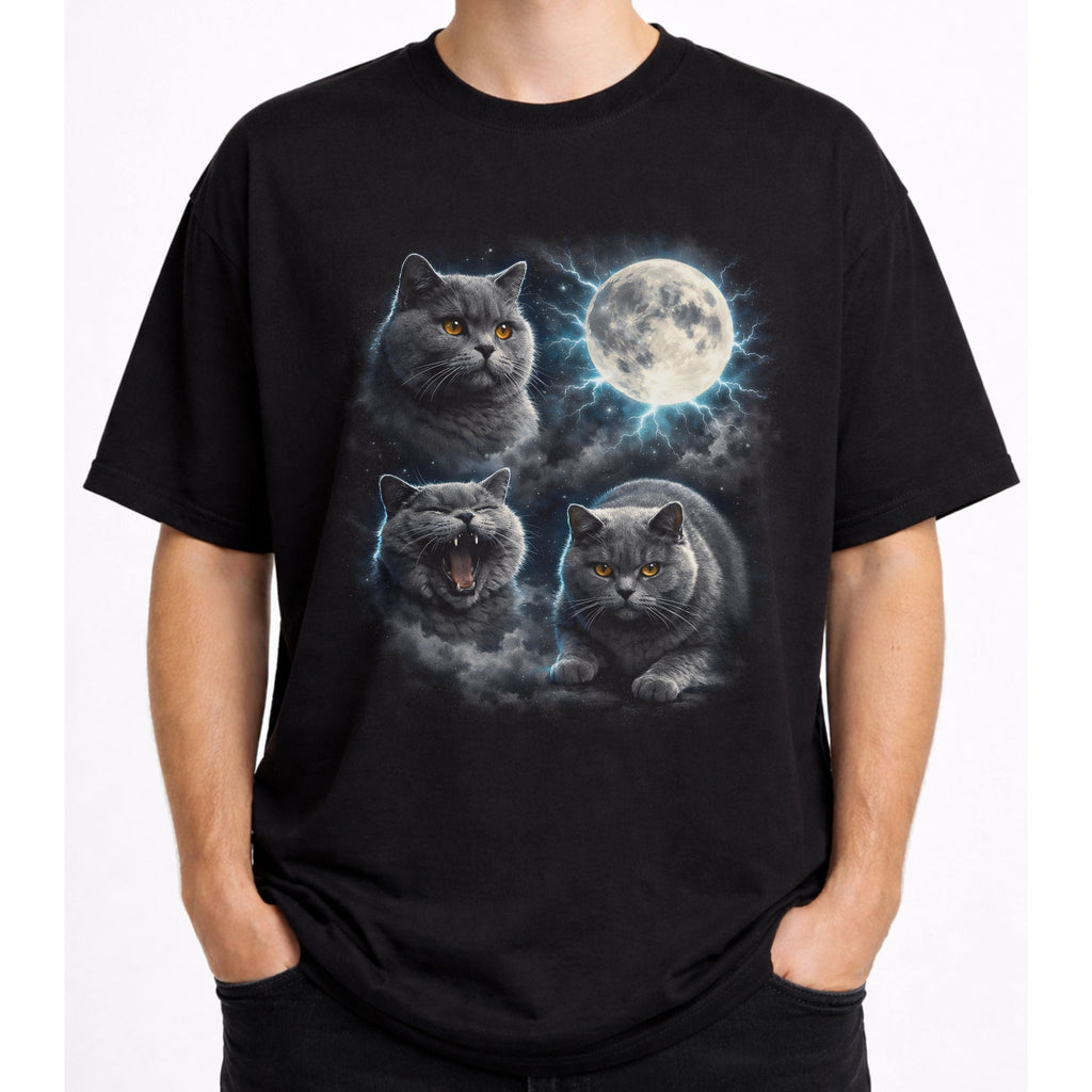 Front view of black cat t shirt on a model with detailed British Shorthair cat and moon graphic