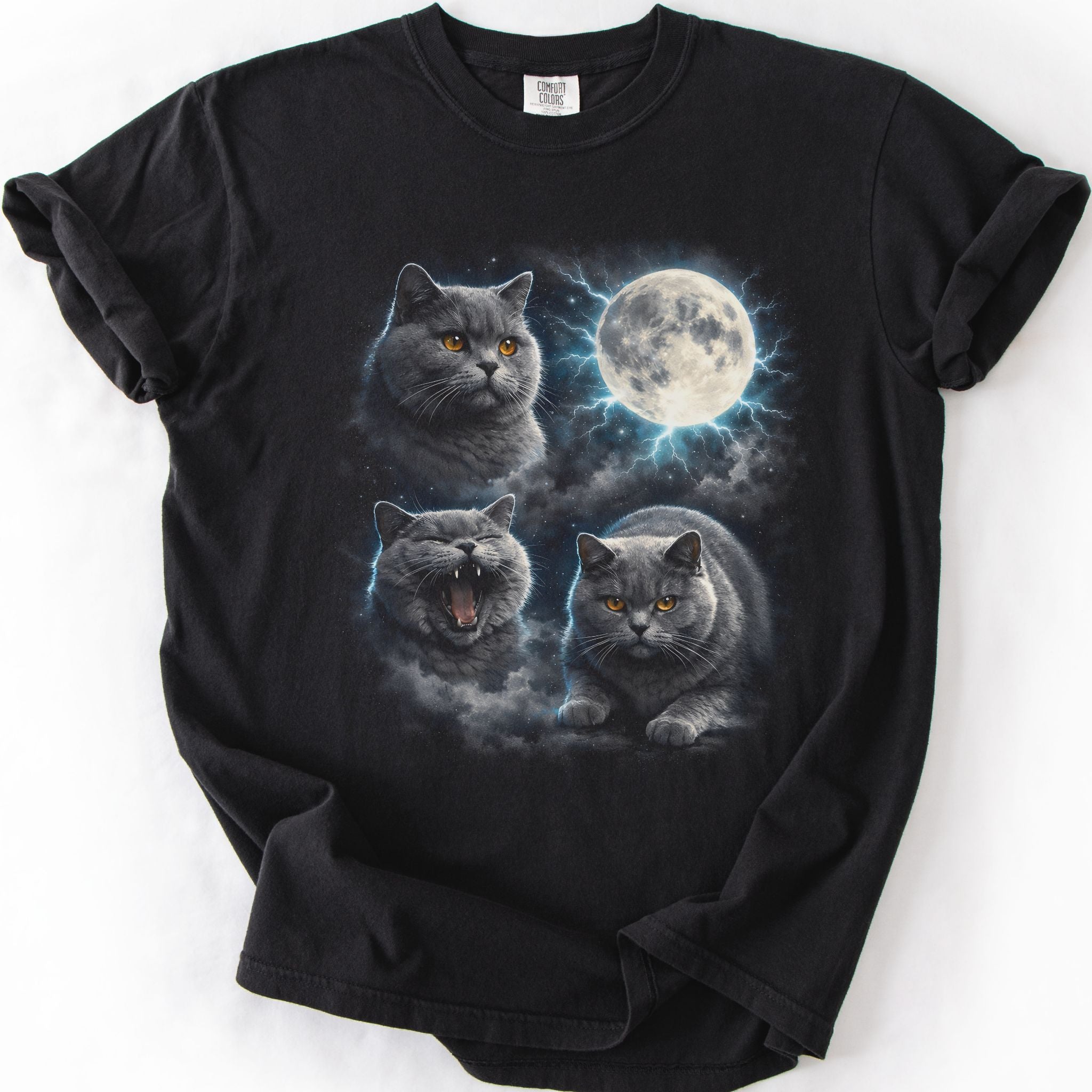 Black graphic cat t shirt with moonlit British Shorthair cat artwork and glowing full moon, folded flat