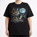 Model wearing a black graphic cat tee with moonlit Maine Coon cat design and full moon artwork