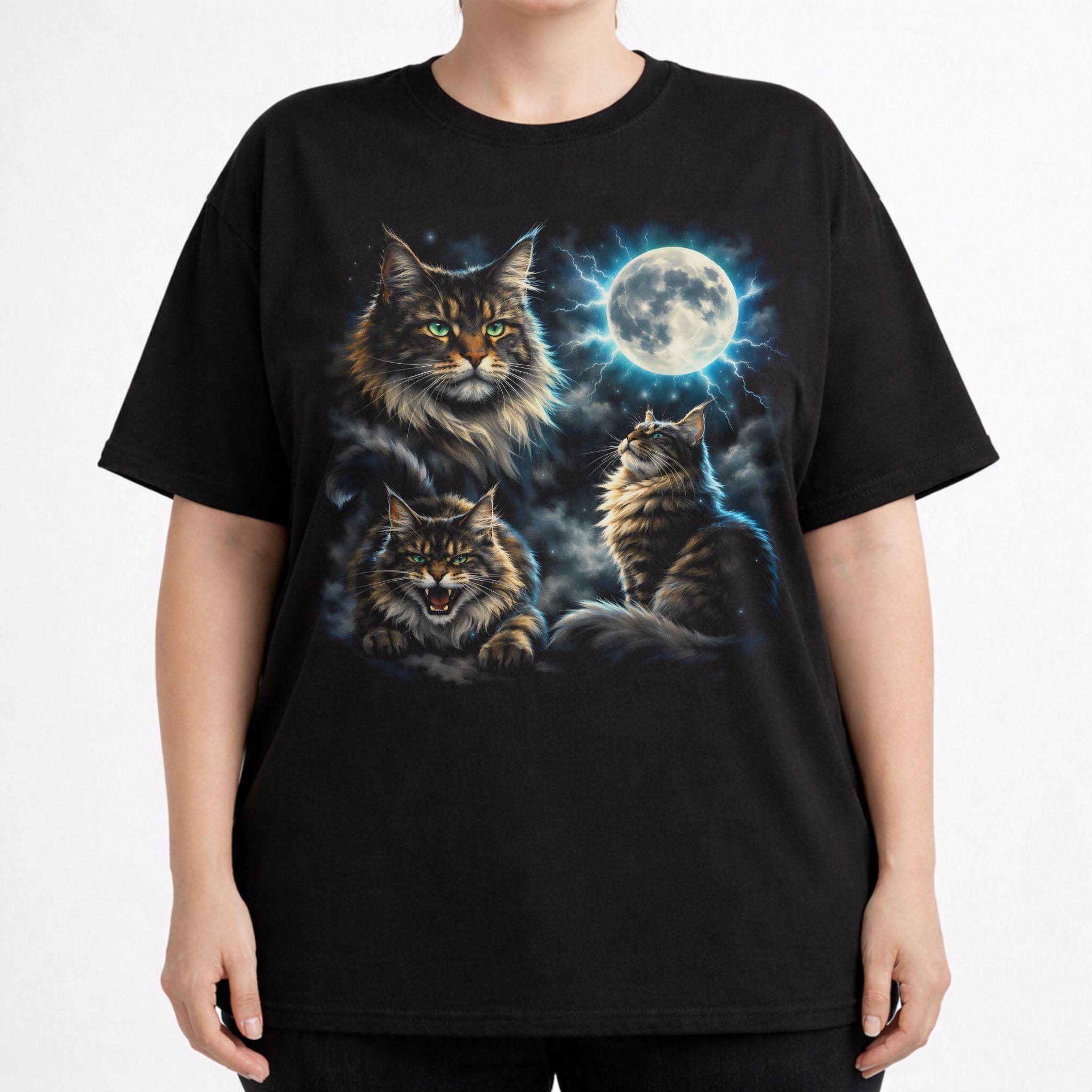 Model wearing a black graphic cat tee with moonlit Maine Coon cat design and full moon artwork