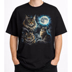 Front view of black cat t shirt on a model with detailed Maine Coon cat and moon graphic
