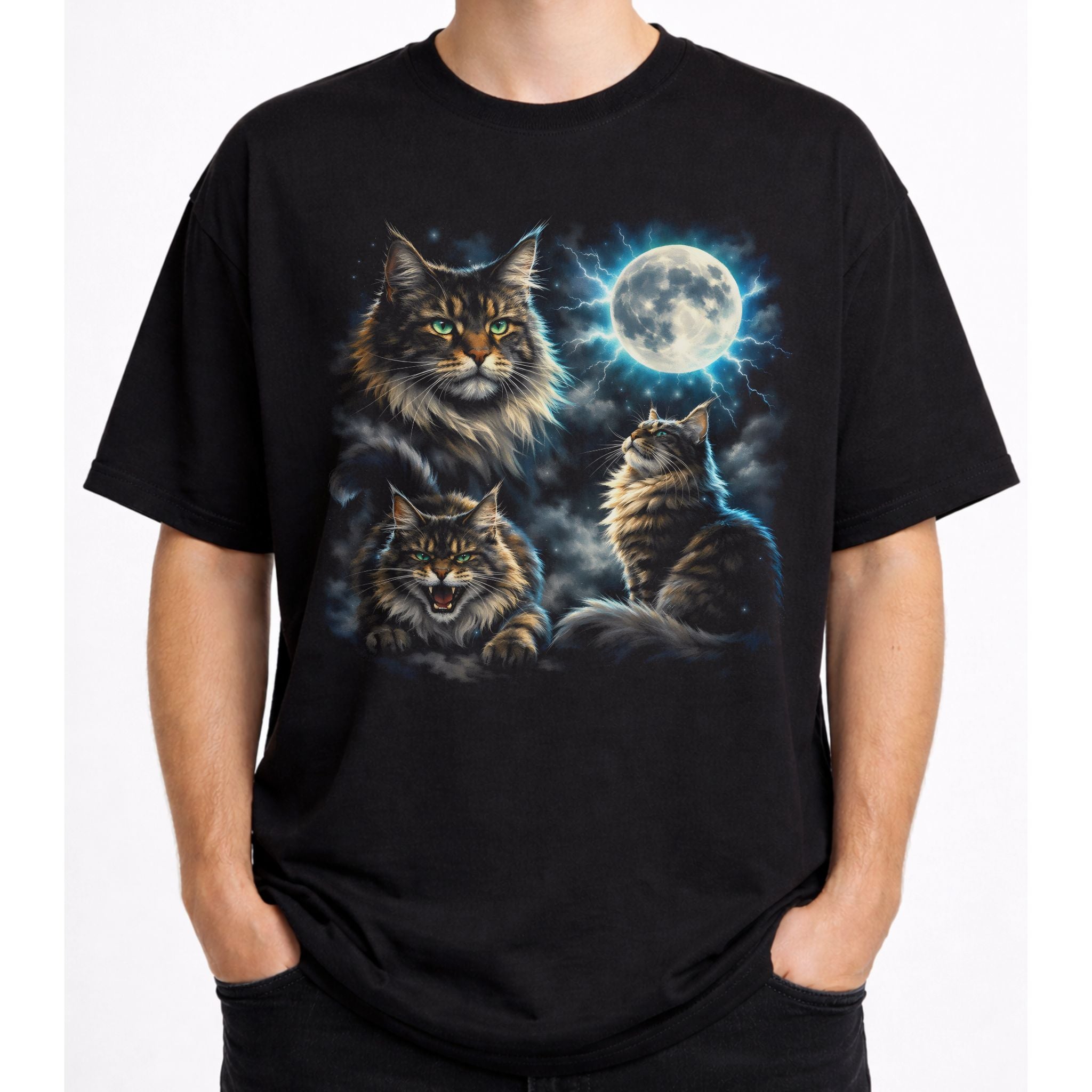Front view of black cat t shirt on a model with detailed Maine Coon cat and moon graphic