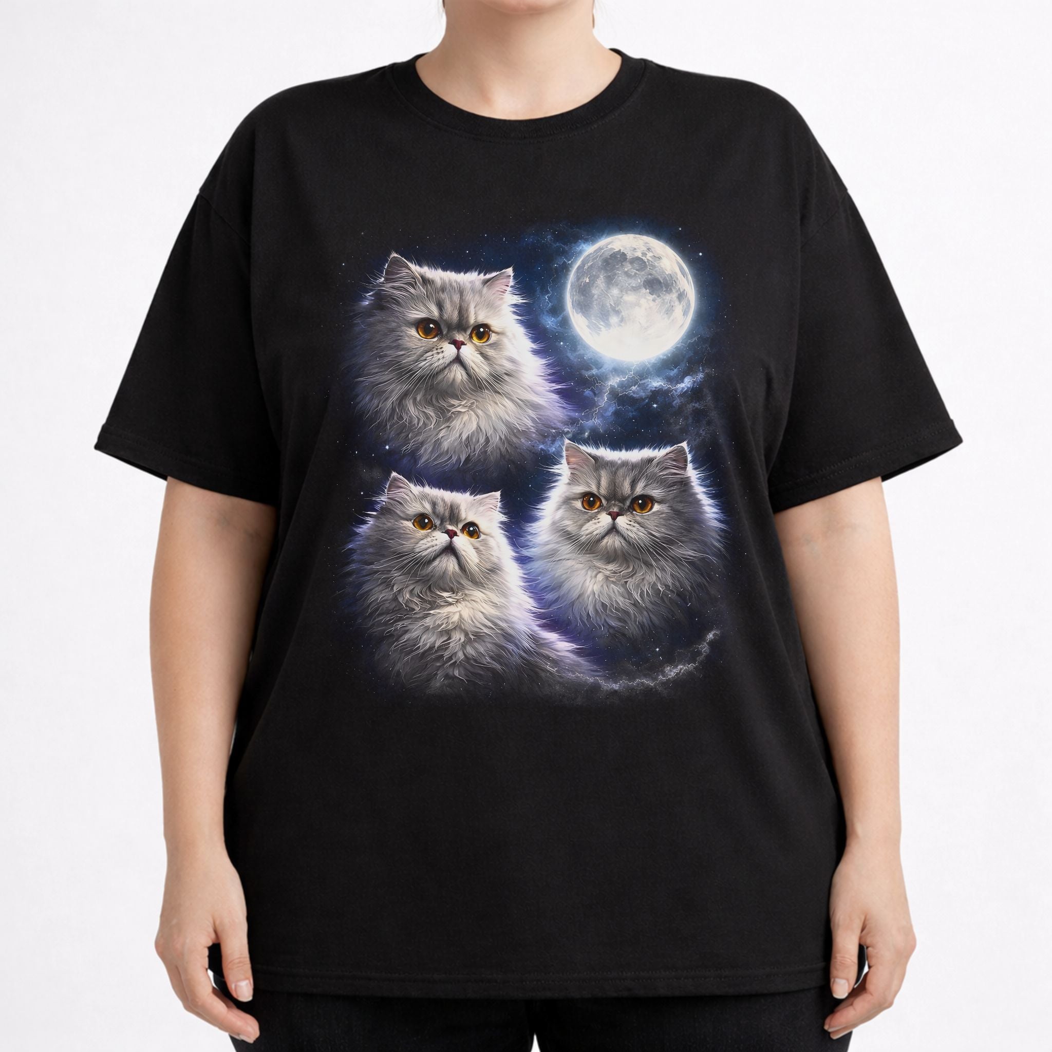 Model wearing a black graphic cat tee with moonlit Persian cat design and full moon artwork