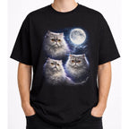 Front view of black cat t shirt on a model with detailed Persian cat and moon graphic