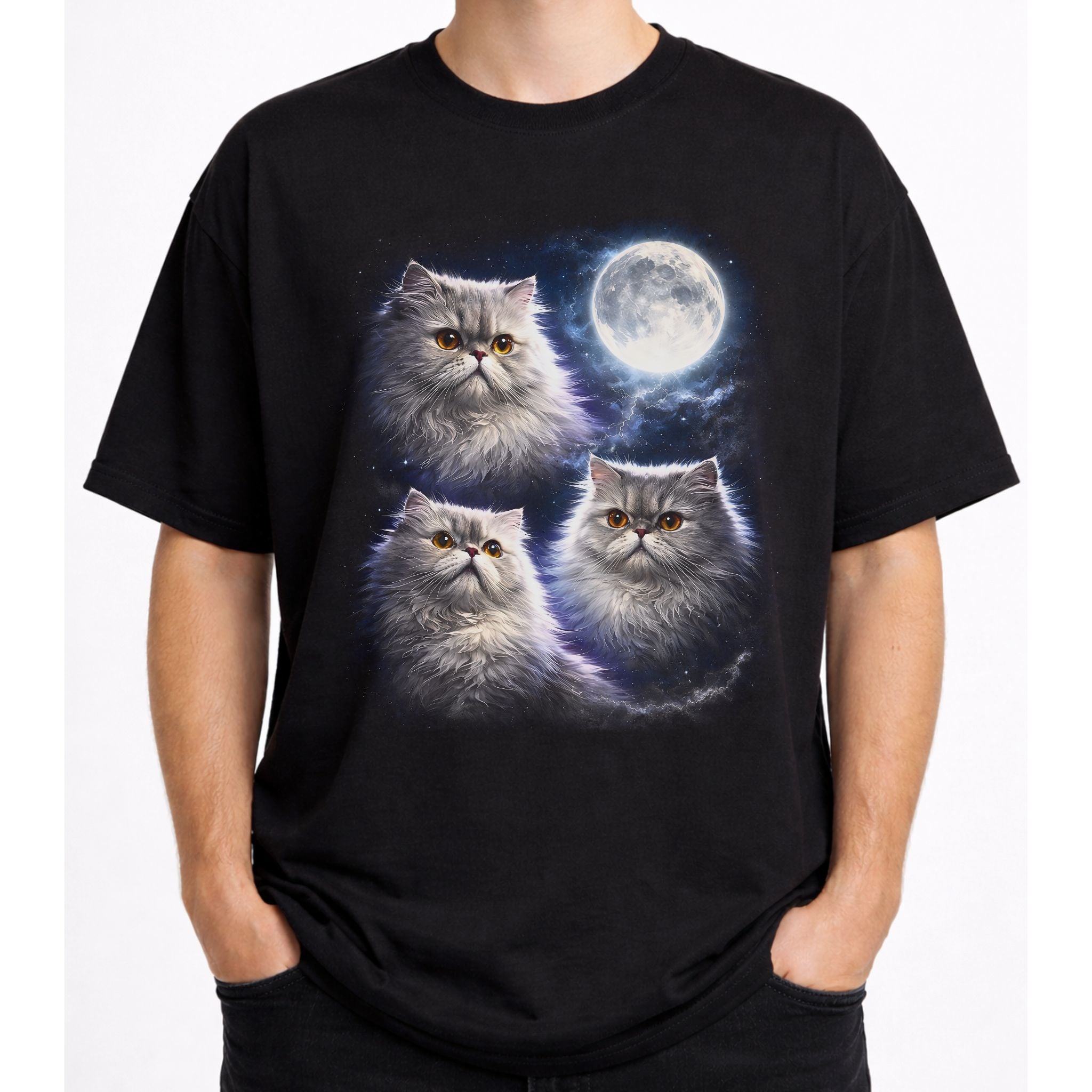 Front view of black cat t shirt on a model with detailed Persian cat and moon graphic
