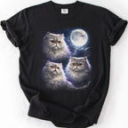 Black graphic cat t shirt with moonlit Persian cat artwork and glowing full moon, folded flat