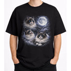 Front view of black cat t shirt on a model with detailed Ragdoll cat and moon graphic