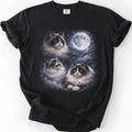 Black graphic cat t shirt with moonlit Ragdoll cat artwork and glowing full moon, folded flat