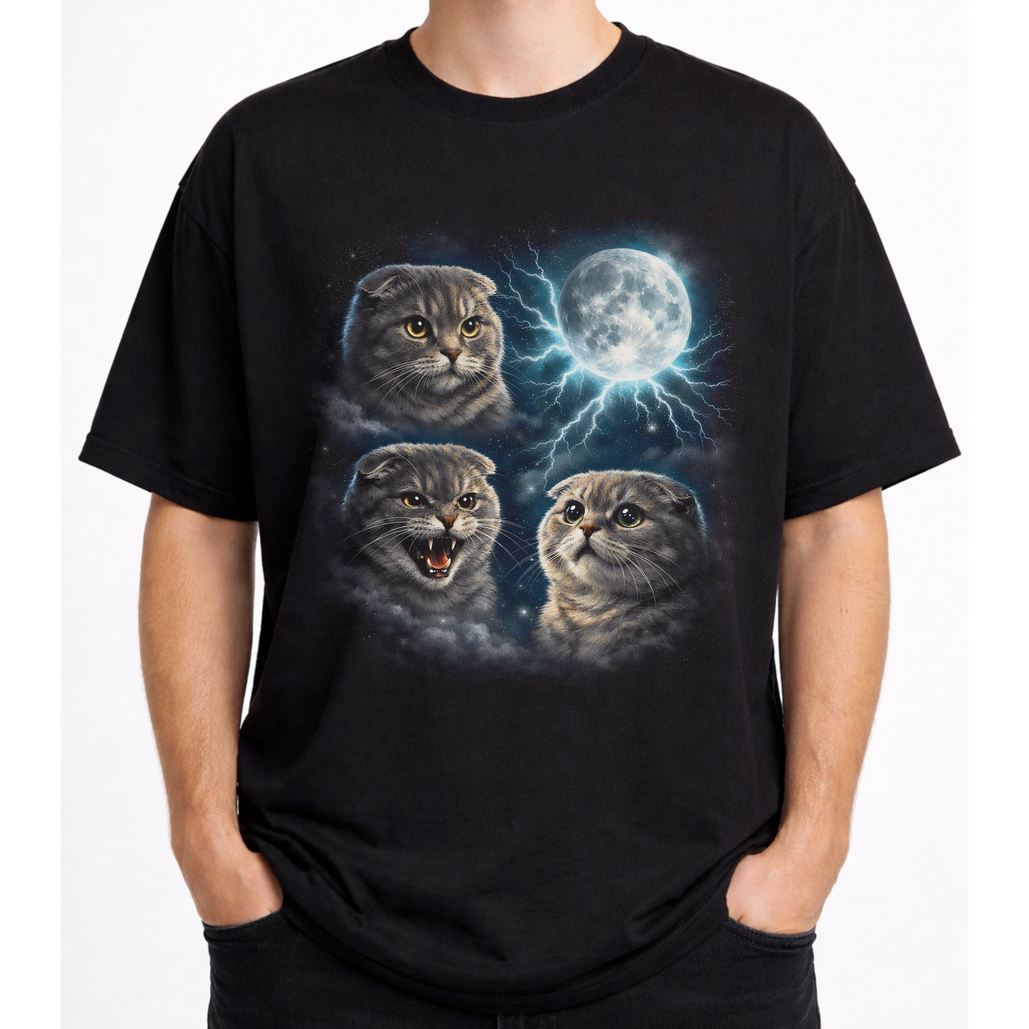 Model wearing a black graphic cat tee with moonlit Scottish Fold cat design and full moon artwork