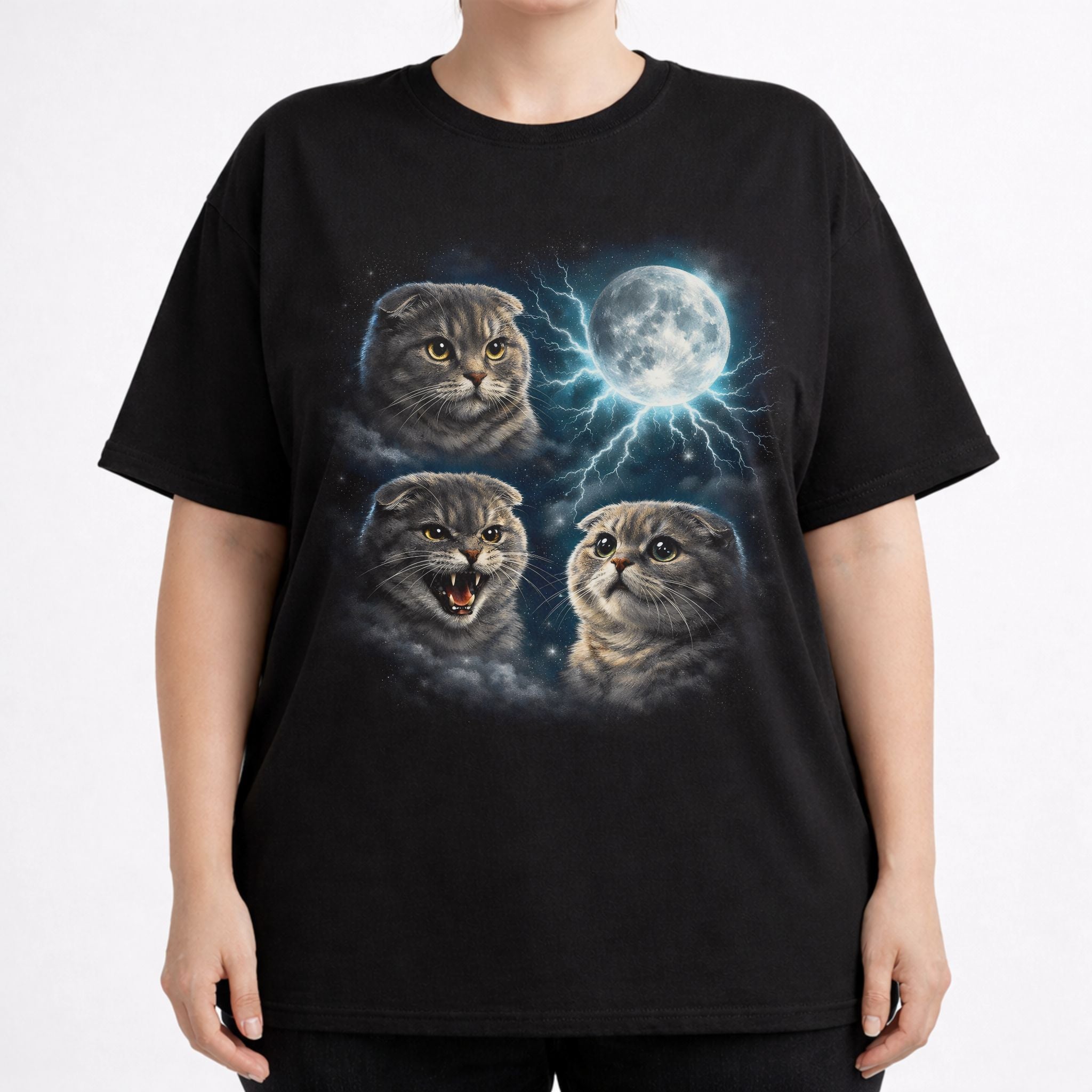 Front view of black cat t shirt on a model with detailed Scottish Fold cat and moon graphic