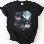 Black graphic cat t shirt with moonlit Siamese cat artwork and glowing full moon, folded flat