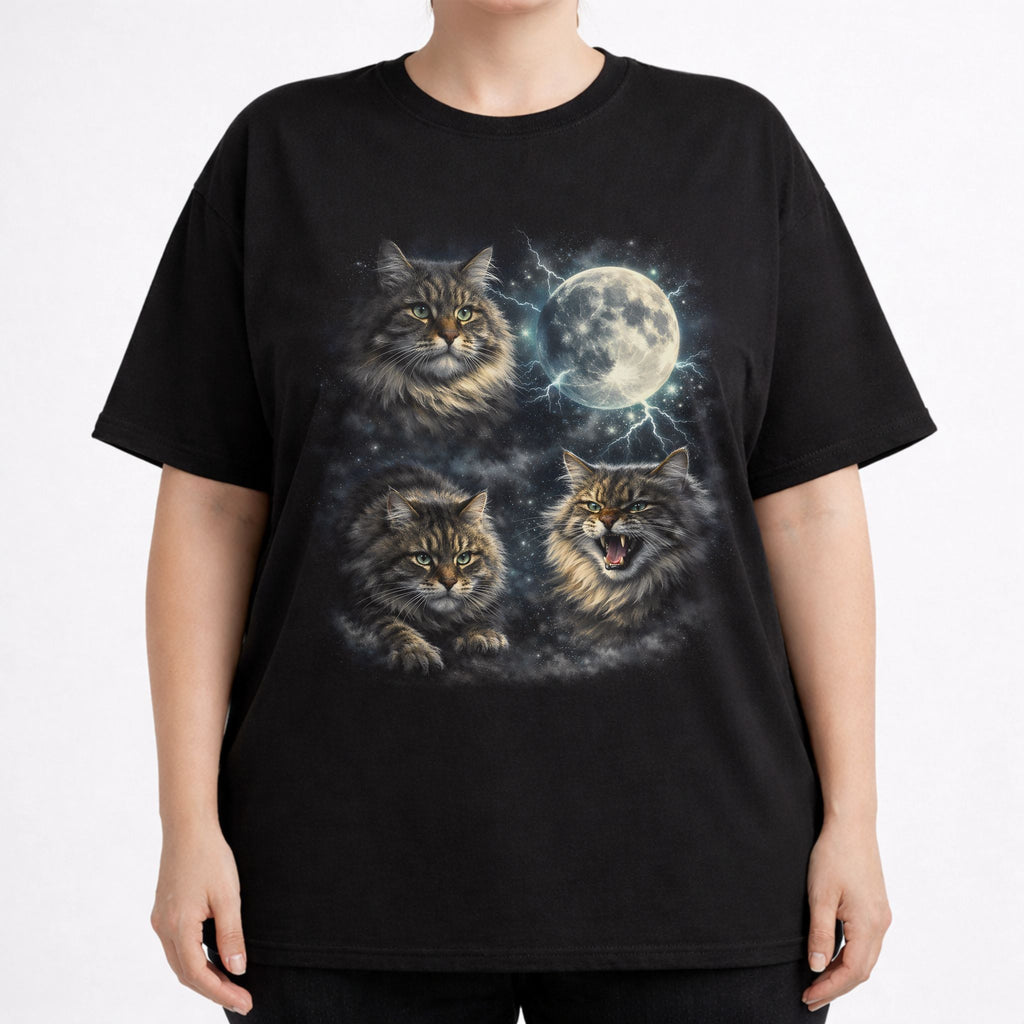 Model wearing a black graphic cat tee with moonlit Siberian cat design and glowing full moon