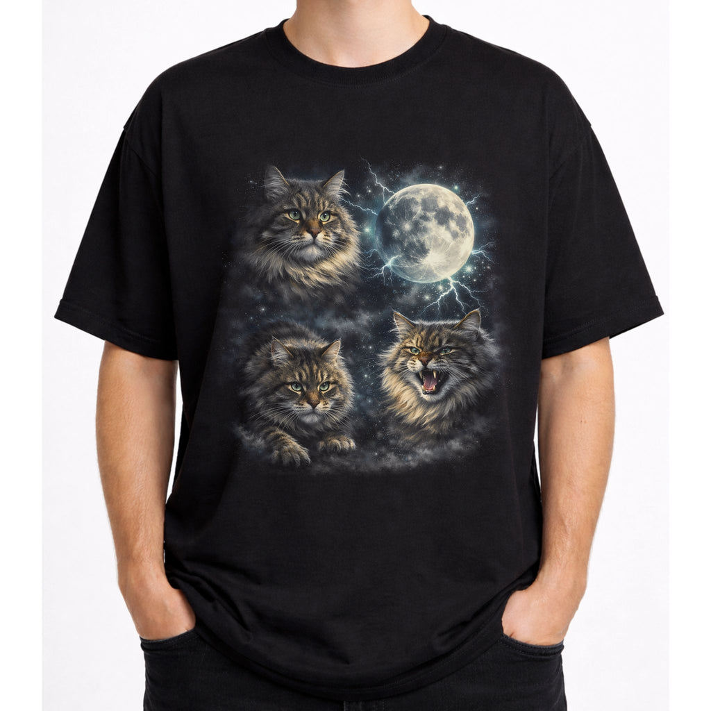 Model wearing a black graphic cat tee with moonlit Siberian cat design and glowing full moon