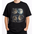 Model wearing a black graphic cat tee with moonlit Siberian cat design and glowing full moon