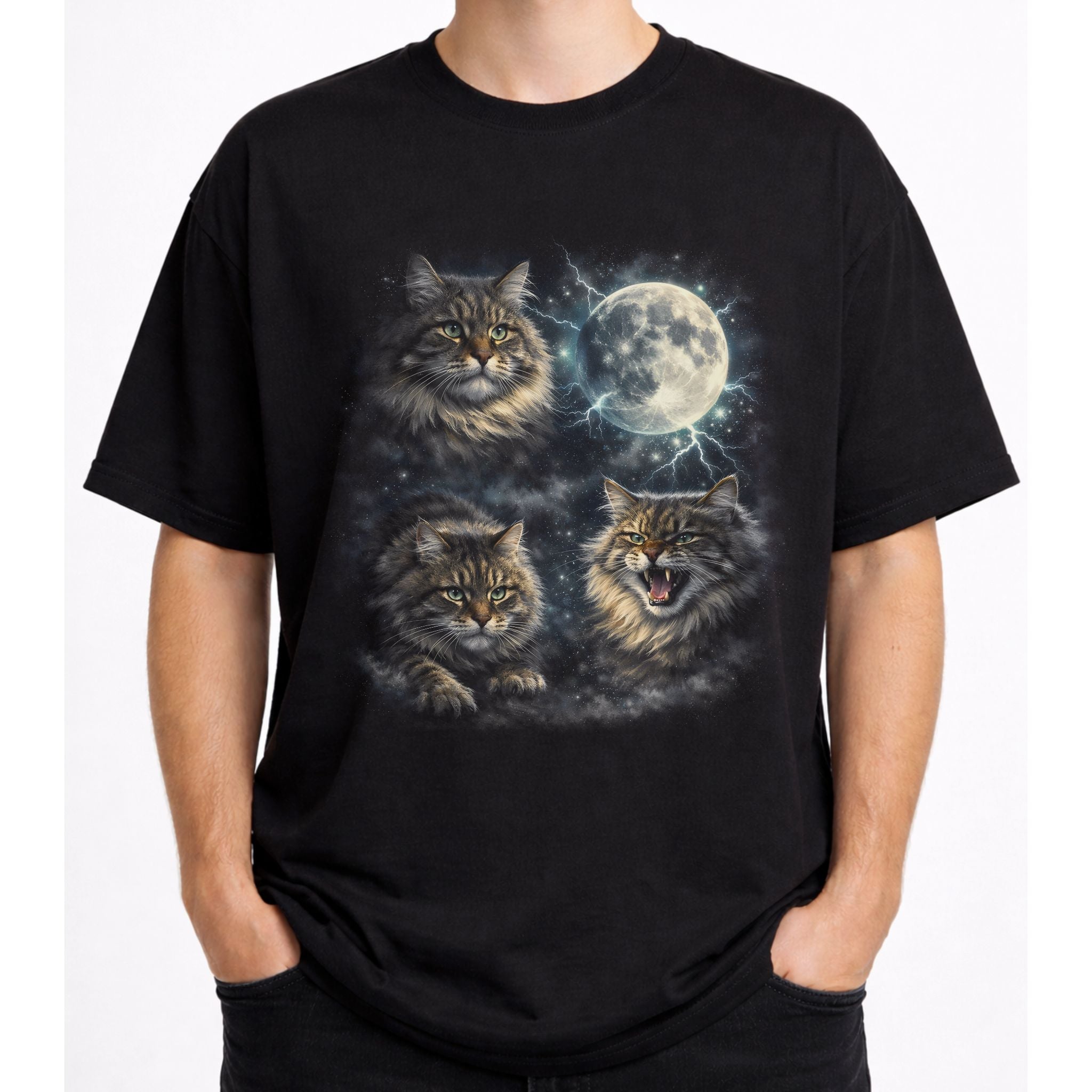 Model wearing a black graphic cat tee with moonlit Siberian cat design and glowing full moon