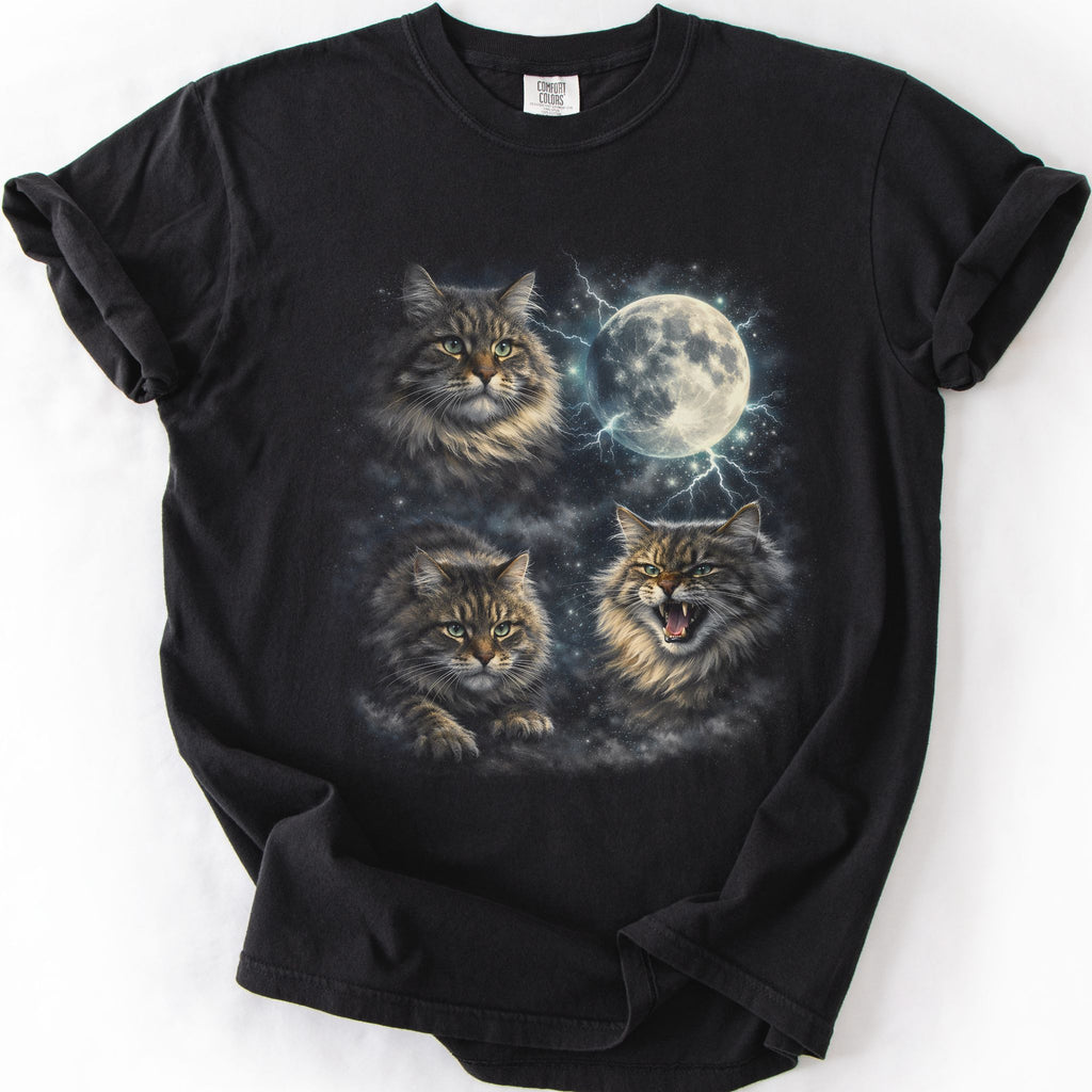 Black graphic cat t shirt with moonlit Siberian cat artwork and full moon, folded flat