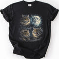 Black graphic cat t shirt with moonlit Siberian cat artwork and full moon, folded flat